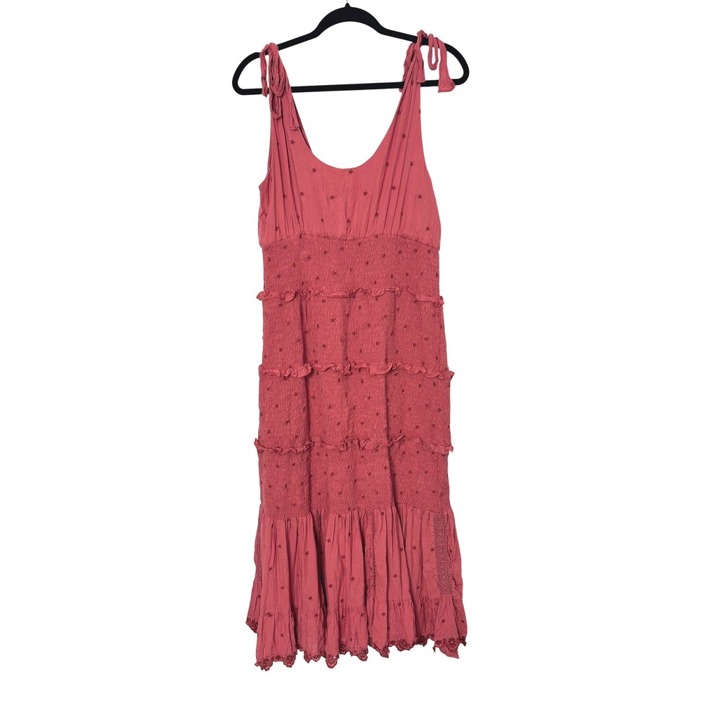 Anthropologie Forever That Girl Dress M Embroidered Smocked Tiered Midi FLAW‎